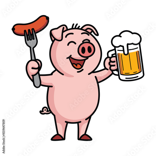 Happy pig with beer and sausage illustration