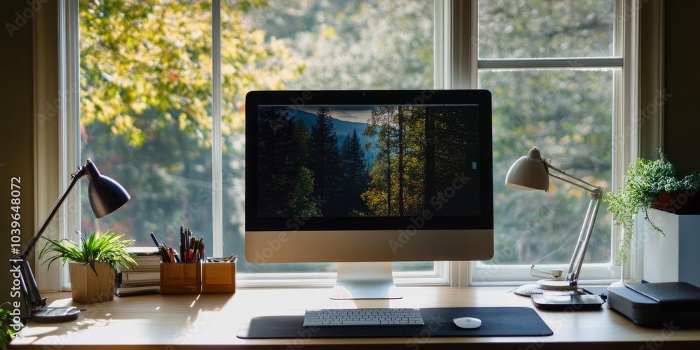Fototapeta premium A modern computer set up on a sleek wooden desk in a stylish office, bathed in natural daylight streaming through large windows. The clean workspace, minimal decor.