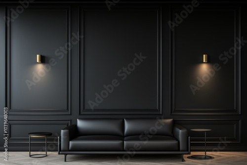 A black couch is sitting in front of a wall with gold wall sconces
