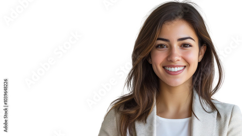 Confident, happy businesswoman isolated on white background