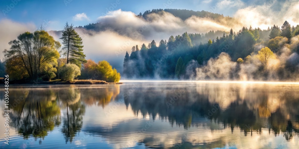 Obraz premium Shimmering Silver Mist Envelops Tranquil Lake Creating a Dreamlike and Serene Natural Atmosphere