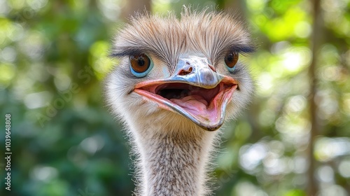 Joyful Ostrich with Bright Orange Beak and Blue Eyes