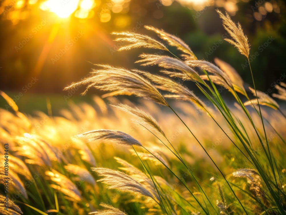 Softly Illuminated Blades of Grass Swaying Gently in the Morning Light, Nature's Tranquil Beauty Softly Illuminated Blades of Grass Swaying Gently in the Morning Light, Nature's Tranquil Beauty