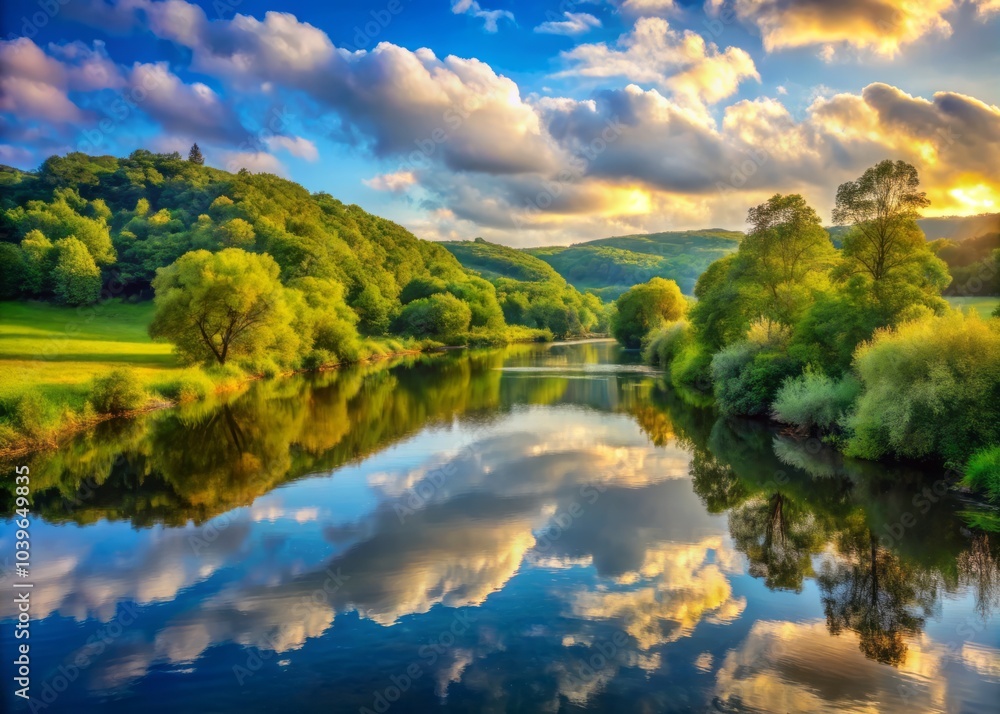 Fototapeta premium Soft Morning Light Illuminates Rolling Hills Creating a Serene and Peaceful Landscape at Dawn