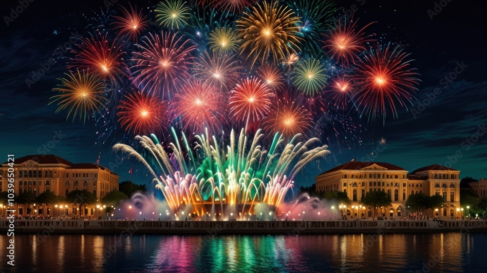 Fototapeta premium A stunning display of fireworks over a city skyline, reflecting in the water.
