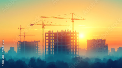 Silhouetted construction cranes stand tall against a vibrant orange and yellow sunset, casting long shadows across the city skyline. The image captures the dynamism of urban development.