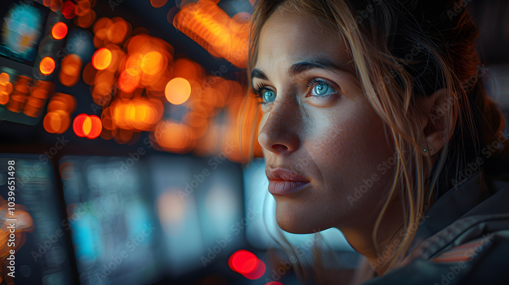 A determined pilot gazes ahead inside an illuminated cockpit, surrounded by glowing orange and blue control panels, emphasizing focus, aviation technology, and high-pressure environments A determined pilot gazes ahead inside an illuminated cockpit, surrounded by glowing orange and blue control panels, emphasizing focus, aviation technology, and high-pressure environments