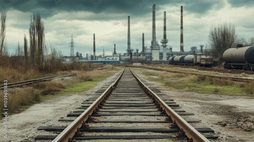 Fototapeta premium Industrial Landscape with Railways Under Cloudy Sky
