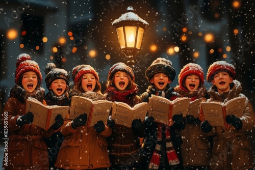 Illustration of kids singing Christmas carols outdoors, capturing a cheerful holiday atmosphere with soft snowflakes.