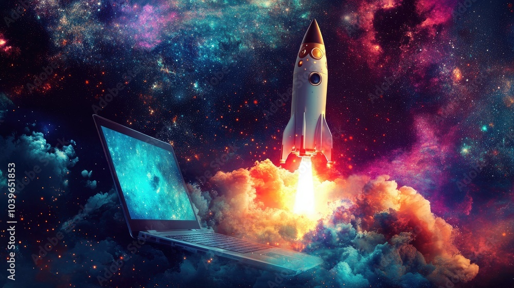 Fototapeta premium Rocket taking off from a laptop, framed by a colorful galactic scene, representing creative breakthroughs in a tech-driven world