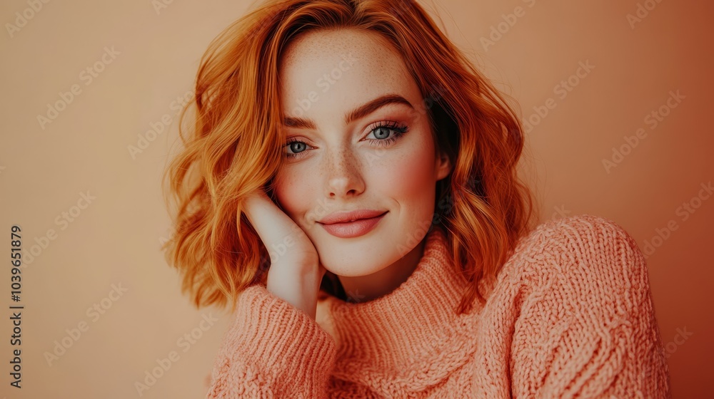 A tight shot of a woman in a sweater, smiling and placing a hand close to her face A tight shot of a woman in a sweater, smiling and placing a hand close to her face