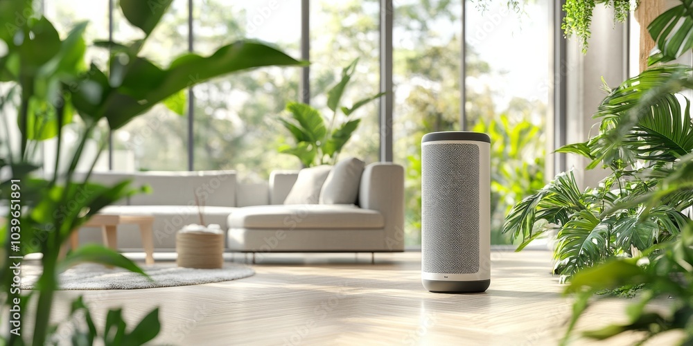 A sleek, minimalist speaker standing prominently in the center of a bright living room, bathed in natural light. Lush green plants frame the scene. A sleek, minimalist speaker standing prominently in the center of a bright living room, bathed in natural light. Lush green plants frame the scene.