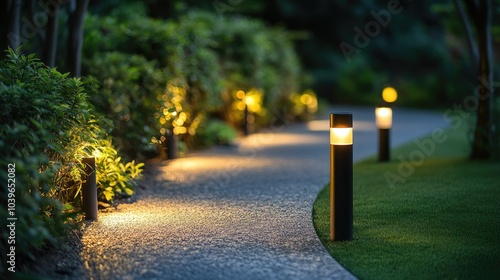 Row of modern outdoor lights on a curved garden path, soft light at night creating a welcoming and well-designed space.