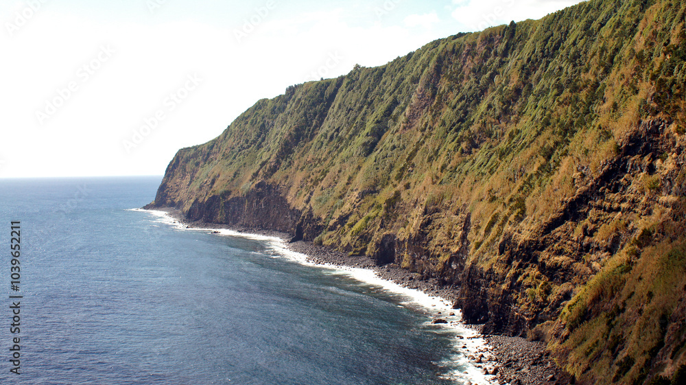 A picturesque coastline on the Azores, Portugal, bathed in golden sunlight. The vast Atlantic Ocean meets the lush green cliffs, creating a breathtaking panorama. Seabirds can be seen soaring above th A picturesque coastline on the Azores, Portugal, bathed in golden sunlight. The vast Atlantic Ocean meets the lush green cliffs, creating a breathtaking panorama. Seabirds can be seen soaring above th