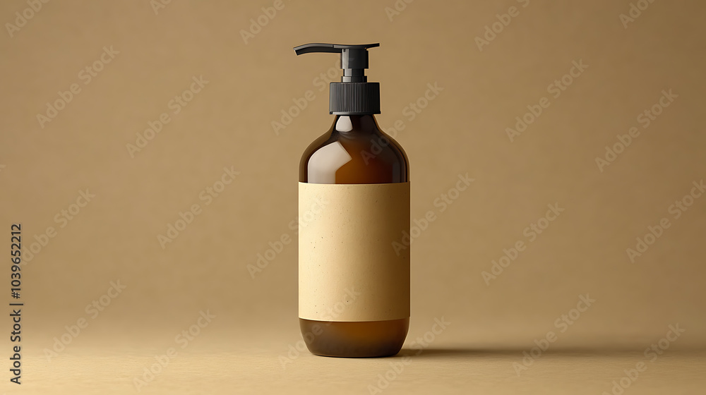 A dark amber glass bottle with a black pump dispenser, a blank brown paper label, and a simple brown background. This image is perfect for product mockups or branding designs. A dark amber glass bottle with a black pump dispenser, a blank brown paper label, and a simple brown background. This image is perfect for product mockups or branding designs.