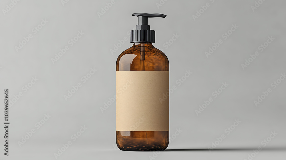 A amber glass bottle with a black pump top and a blank label sits on a white surface. A amber glass bottle with a black pump top and a blank label sits on a white surface.