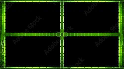Seamless webcam borders in green and purple. Frame for live streaming. Animated rotating cubes. Overlay for Streaming with alpha channel.