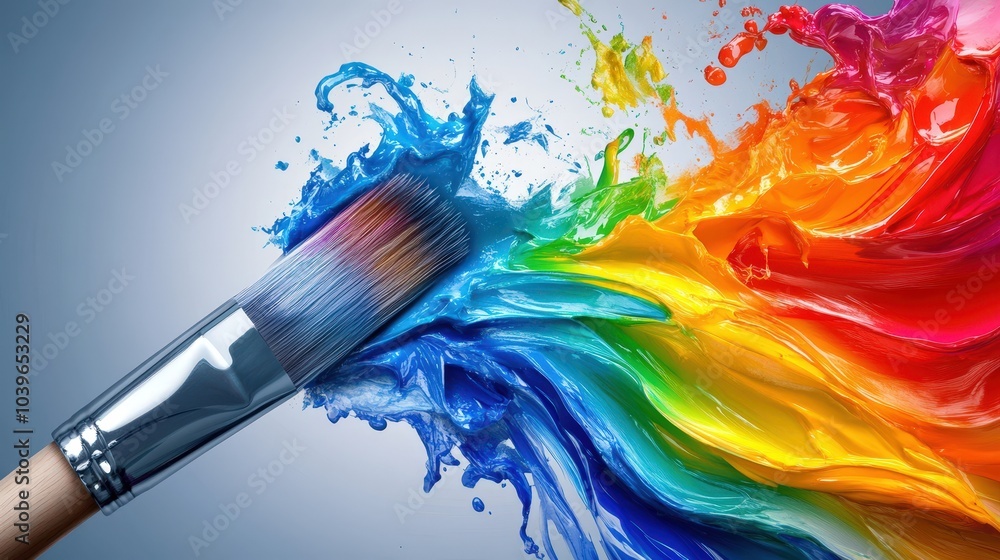 Obraz premium Bold and dynamic illustration of a paintbrush creating a swirling rainbow, vibrant colors, and flowing lines, vector art.