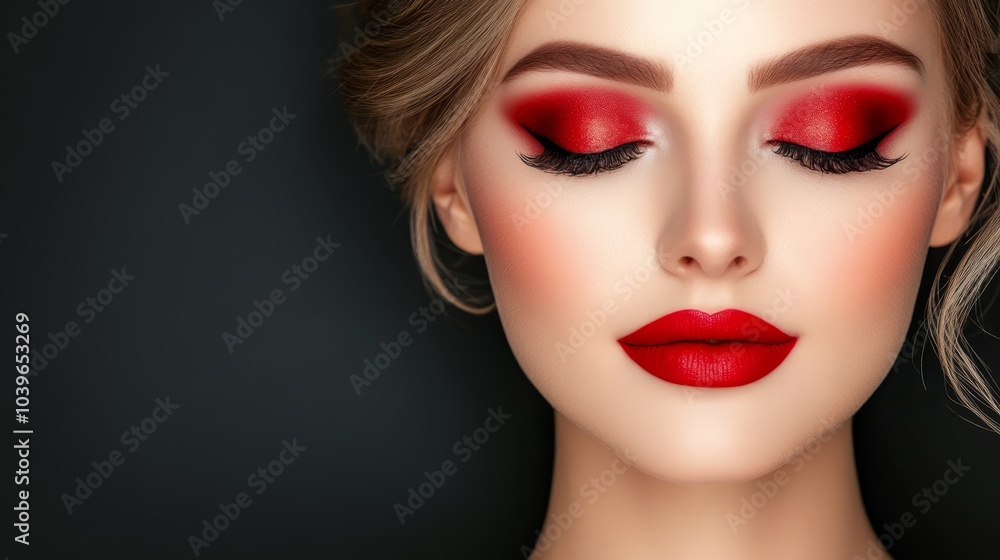 Naklejka premium A tight shot of a woman's face, adorned with red eyeliner and bold lipstick on her lips