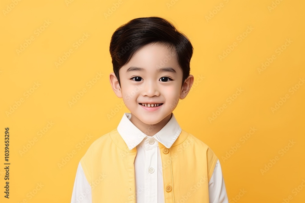 Portrait of a cute asian little boy smiling over yellow background Portrait of a cute asian little boy smiling over yellow background