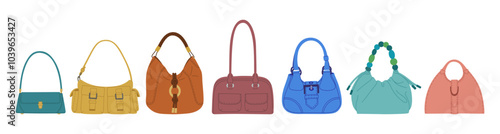 Set of female handbags. Fashion modern accessories. Hand drawn vector illustration isolated on white background, flat cartoon style.