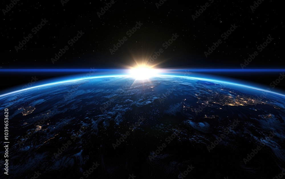 The sun rises over the earth in space with a lens flare The sun rises over the earth in space with a lens flare