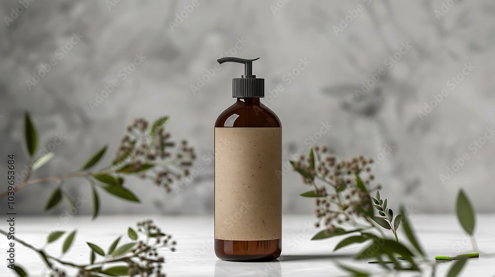 A dark brown bottle with a pump dispenser and a blank label sits on a marble surface with greenery framing the bottle. The minimalist design emphasizes natural ingredients and a focus on sustainabilit A dark brown bottle with a pump dispenser and a blank label sits on a marble surface with greenery framing the bottle. The minimalist design emphasizes natural ingredients and a focus on sustainabilit