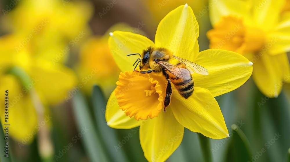 Bee on Daffodil Flower in Spring Bloom Bee on Daffodil Flower in Spring Bloom