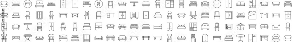 Collection of Line Icons of Wardrobe, Bed, Sofa, Table, Chair Drawn with Thin Line for apps, web sites, banners, infographics and other types of design Collection of Line Icons of Wardrobe, Bed, Sofa, Table, Chair Drawn with Thin Line for apps, web sites, banners, infographics and other types of design