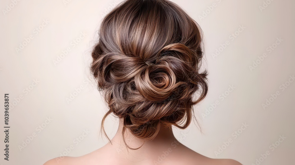 Naklejka premium Elegant woman with radiant vintage curls styled in a glamorous updo, exuding timeless beauty and sophistication.
