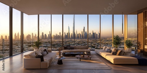 An upscale high-rise apartment with elegant interiors and expansive windows, offering a bird eye view of the skyline. photo