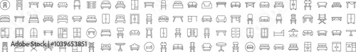 Collection of Outline Symbols of Wardrobe, Bed, Sofa, Table, Chair Drawn with Thin Line for apps, web sites, banners, infographics and other types of design