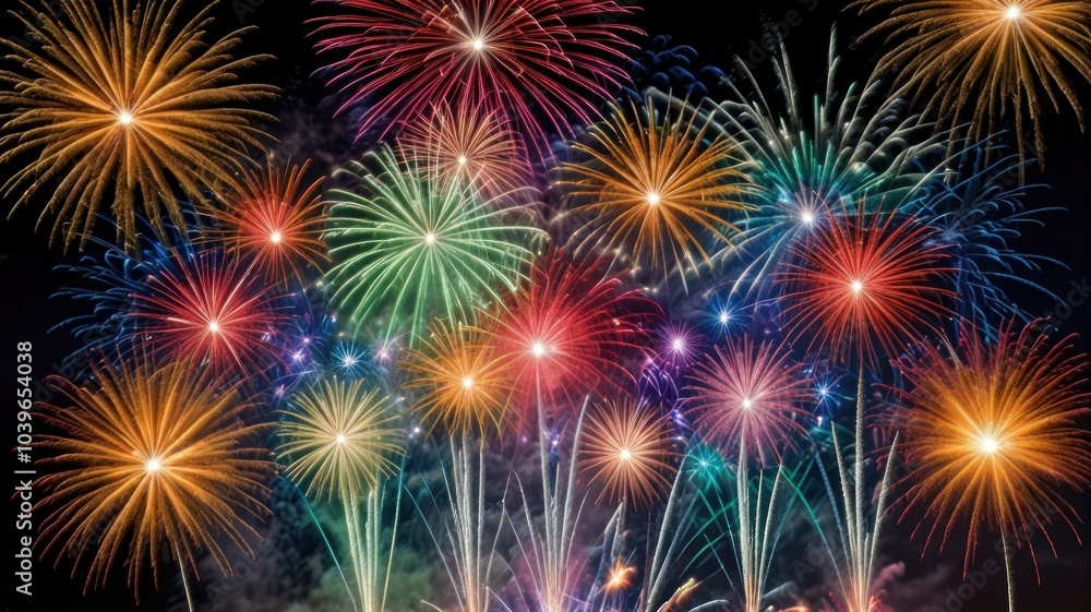A vibrant display of fireworks against a dark night sky. A vibrant display of fireworks against a dark night sky.