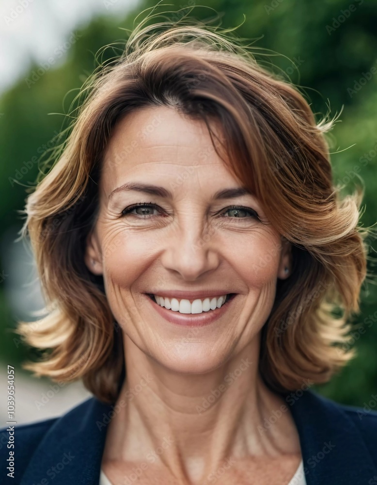 A cheerful woman 50 years old stands in a quaint French street, her smile bright against the warm backdrop of a sunny afternoon. The scenery embodies a serene and joyful atmosphere. Generative AI A cheerful woman 50 years old stands in a quaint French street, her smile bright against the warm backdrop of a sunny afternoon. The scenery embodies a serene and joyful atmosphere. Generative AI