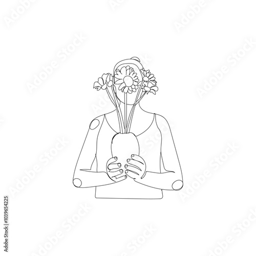 Dessin en ligne continue d'une femme tenant un vase contenant des fleurs, line art, vecteur