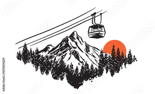 Ski lift in the mountains, hand drawn.	