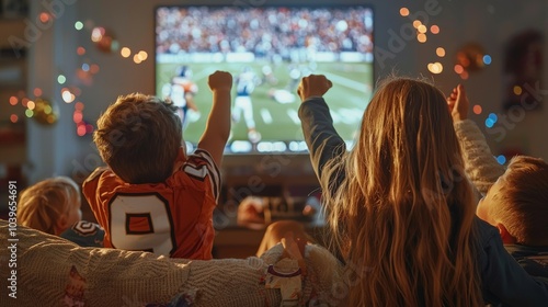 A family enjoying the Super Bowl at home, gathered around the TV with themed decorations, children wearing team jerseys and everyone celebrating a touchdown, creating a fun and festive atmosphere photo