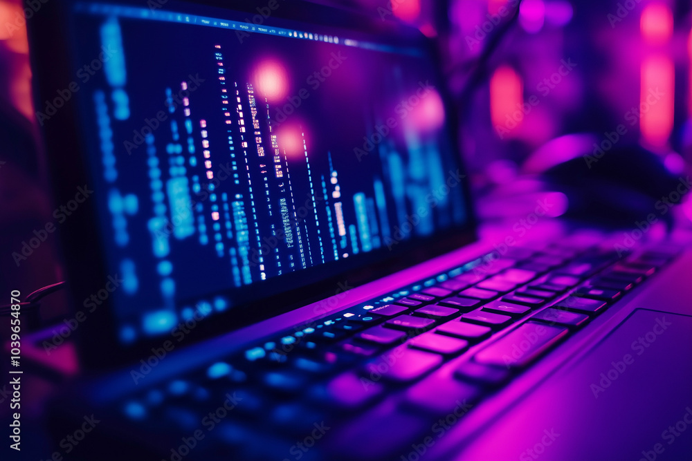 Closeup of Laptop Keyboard with Neon Lights and Data on Screen Closeup of Laptop Keyboard with Neon Lights and Data on Screen