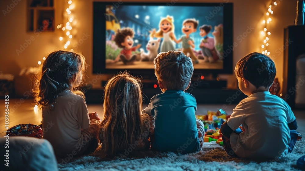 A group of young children sitting on a living room floor, excitedly watching a cartoon on a large TV, surrounded by toys and snacks, with soft lighting creating a cozy atmosphere A group of young children sitting on a living room floor, excitedly watching a cartoon on a large TV, surrounded by toys and snacks, with soft lighting creating a cozy atmosphere