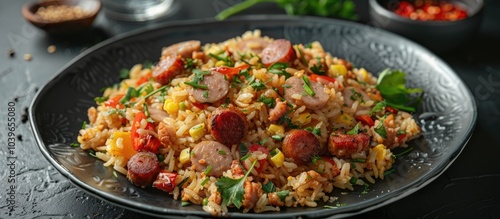 Indonesian sausage fried rice Nasi Goreng served on a black plate with copy space image