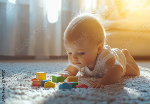 Cute baby playing with colorful blocks on the carpet in a bright room