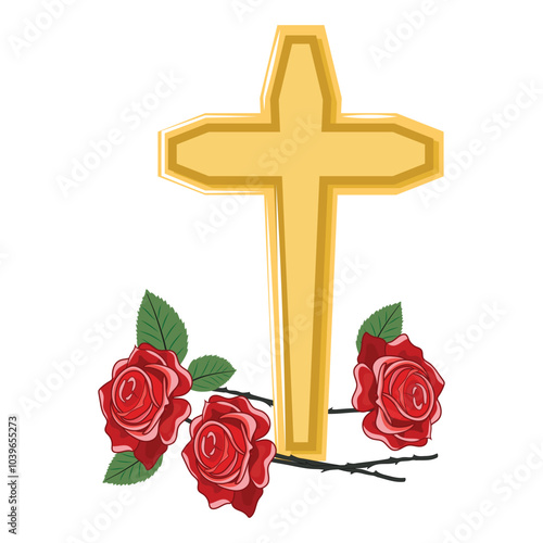 Elegant religious cross with red roses placed at the bottom, representing devotion