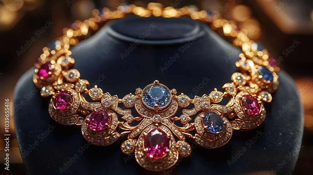Precious gemstones set a regal baroquestyle necklace with intricate gold filigree and opulent design laid on a velvet tray in a luxury jewelry showroom Precious gemstones set a regal baroquestyle necklace with intricate gold filigree and opulent design laid on a velvet tray in a luxury jewelry showroom