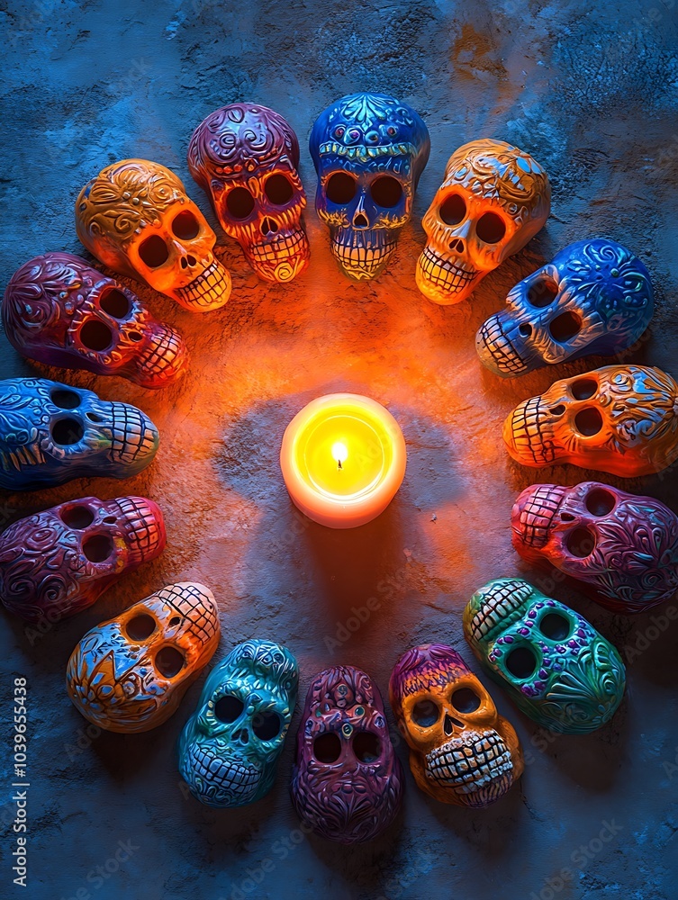 Colorful skulls arranged in a circle A symmetrical arrangement of vividly colored sugar skulls, each uniquely decorated, forming a circle around a glowing central candle. Colorful skulls arranged in a circle A symmetrical arrangement of vividly colored sugar skulls, each uniquely decorated, forming a circle around a glowing central candle.