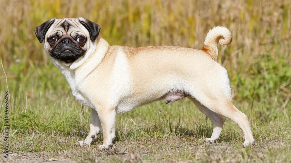A small Pug stands in a green grass field, gazing at the camera with a sad expression A small Pug stands in a green grass field, gazing at the camera with a sad expression