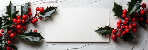 Festive arrangement of holly leaves with bright red berries and an empty card for holiday greetings or invitations. White textured backdrop enhances the seasonal mood. photo