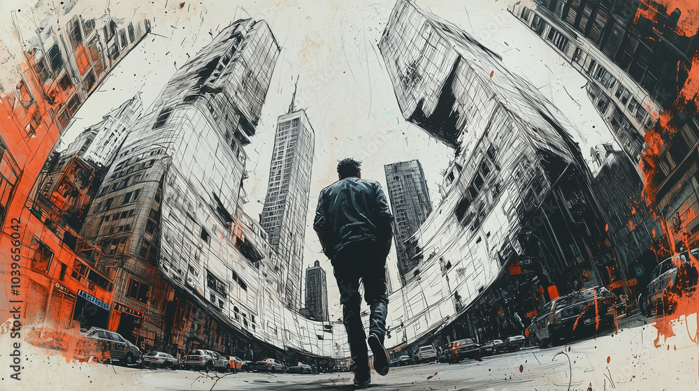 A Man Walking Through a Sketchy Cityscape