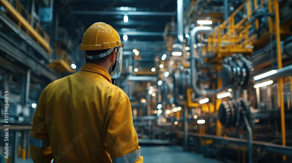 Industrial Worker in Yellow Helmet and Safety Gear Industrial Worker in Yellow Helmet and Safety Gear