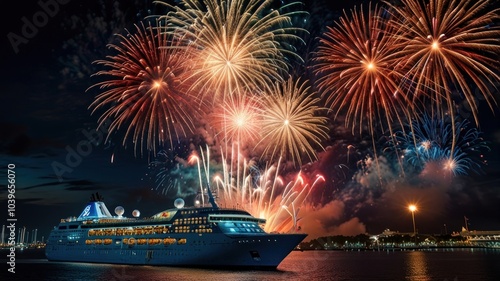 A large cruise ship anchored in a harbor with a dazzling fireworks display illuminating the night sky. photo