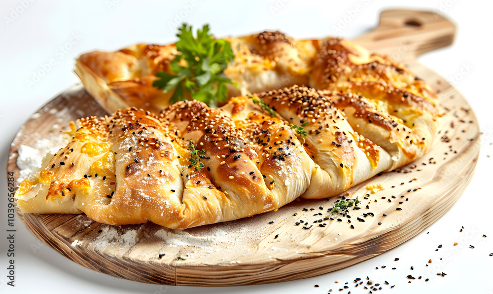Fresh turkish pastry borek on the wooden board. Fresh bread for breakfast. Food photography. Fresh turkish pastry borek on the wooden board. Fresh bread for breakfast. Food photography.